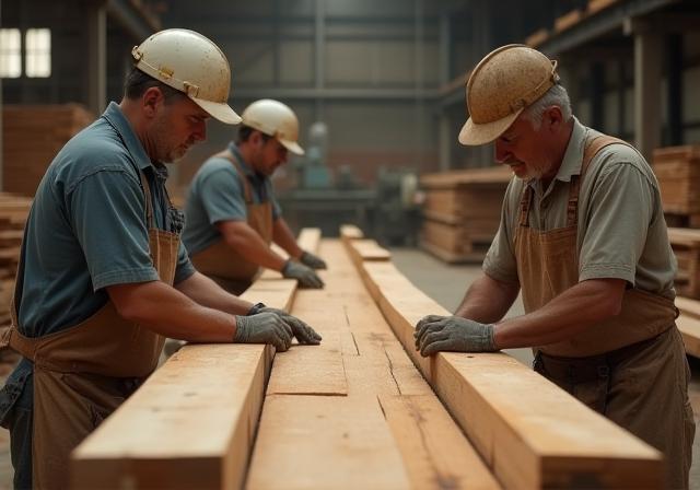 Mill workers inspecting hardwood boards